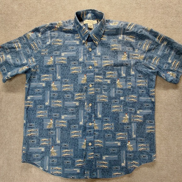 MunsingWear Shirt Mens LARGE Blue Fisherman Rod Fly Fishing Button Short Sleeve - Picture 3 of 8
